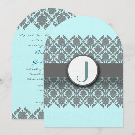 Aqua Blue Gray Damask Wedding Uitnodiging (Voorkant / Achterkant)