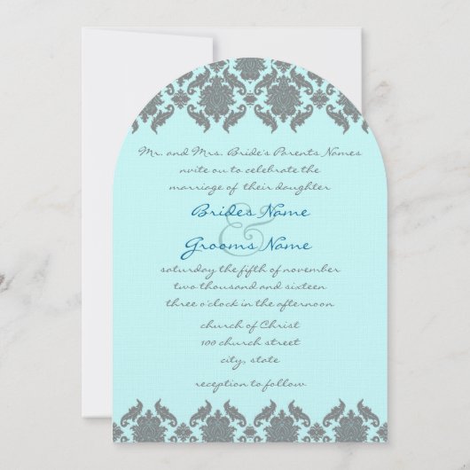 Aqua Blue Gray Damask Wedding Uitnodiging (Achterkant)