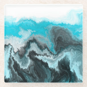 Aqua Blue Gray en Black Waves Abstracte Moderne Ar Glazen Onderzetter