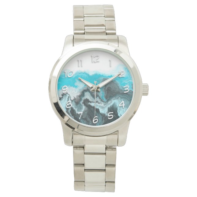 Aqua Blue Gray en Black Waves Abstracte Moderne Ar Horloge (Voorkant)