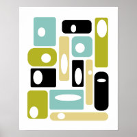 Aqua Blue Green Black Squares Mid-Century Modern