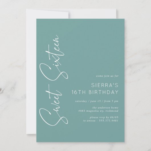 Aqua Blue-Green | Eenvoudig script Sweet 16 Verjaa Kaart (Voorkant)