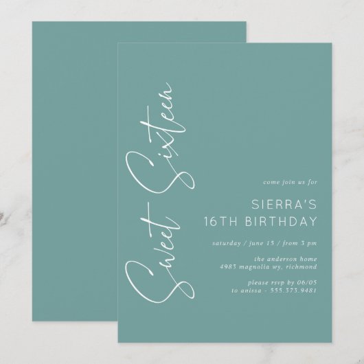 Aqua Blue-Green | Eenvoudig script Sweet 16 Verjaa Kaart (Voorkant / Achterkant)