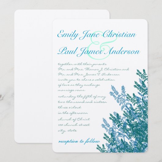 Aqua Blue Green Flowers Wedding Invitation Kaart (Voorkant / Achterkant)