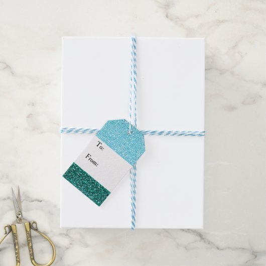 Aqua Blue Green Glitter Kerstmis Cadeaulabel (Met Touw)