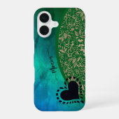 Aqua Blue Green Modern Floral Heart iPhone 16 Hoesje (Achterkant)