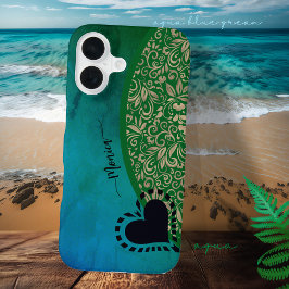 Aqua Blue Green Modern Floral Heart iPhone 16 Hoesje