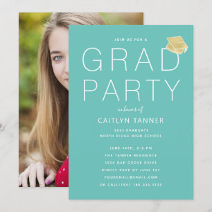 Aqua Blue-Green Modern Photo Graduation Party Kaart