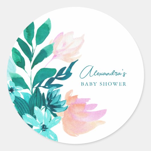 Aqua Blue Green Waterverf Floral Baby shower Ronde Sticker (Voorkant)