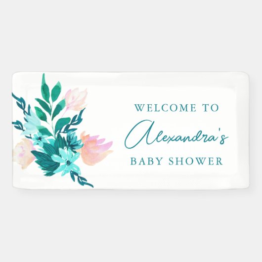 Aqua Blue Green Waterverf Floral Baby shower Spandoek (Horizontaal)