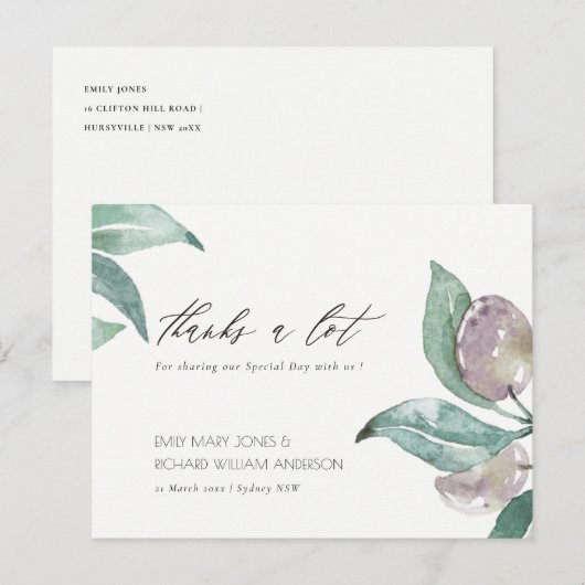 AQUA BLUE GREEN WATERVERF FOLIAGE OLIVE DANK U BRIEFKAART (Voorkant / Achterkant)