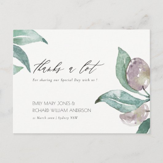 AQUA BLUE GREEN WATERVERF FOLIAGE OLIVE DANK U BRIEFKAART (Voorkant)