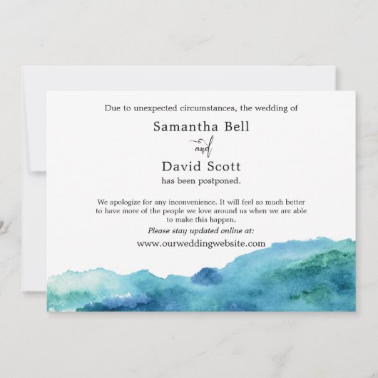 Aqua Blue Green Waterverf Postponed Wedding Kaart (Achterkant)