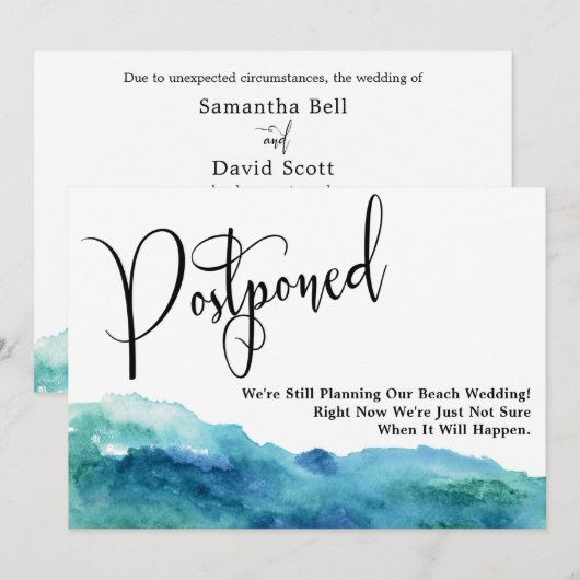 Aqua Blue Green Waterverf Postponed Wedding Kaart (Voorkant / Achterkant)