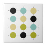 Aqua Blue Green Yellow Black Circles Mid Century Tegeltje<br><div class="desc">This mid century modern ceramic tile is bright and cheerful... add a little fun to your tiling project with this mid mod design featuring avocado green,  aqua blue,  black,  and yellow circles,  on black grid lines.</div>