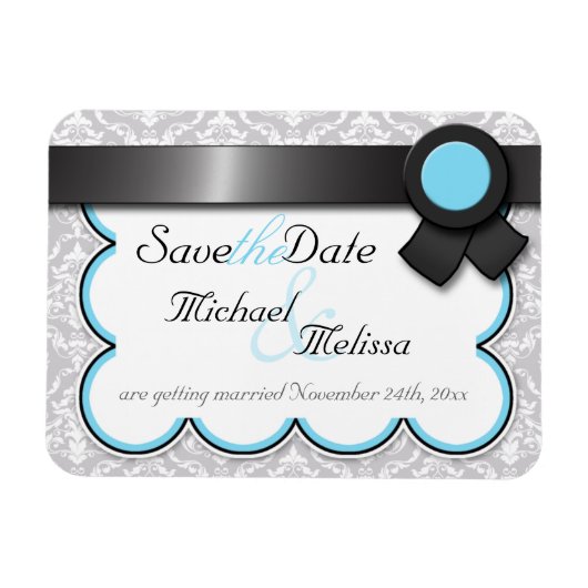 Aqua Blue & Grey Damask Save the Date flat Magnet Magneet (Horizontaal)
