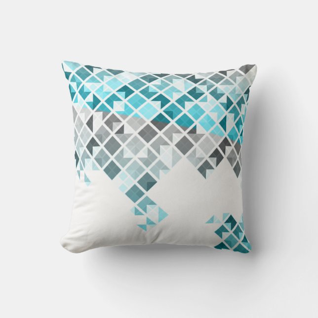 Aqua Blue, Grey & White Geometric Pattern Kussen (Voorkant)