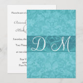 Aqua Blue Grunge Damask Wedding Invitation Kaart (Voorkant / Achterkant)