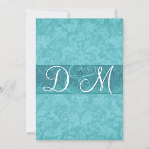 Aqua Blue Grunge Damask Wedding Invitation Kaart