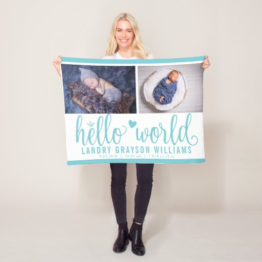 Aqua Blue Hallo Wereld Monogram Baby Beeldje Fleece Deken (In situ)