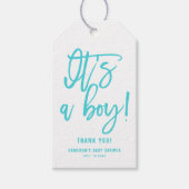 Aqua Blue Hand Lettered Het is een Jongen Baby sho Cadeaulabel (Voorkant)
