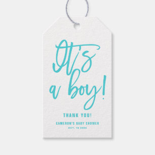 Aqua Blue Hand Lettered Het is een Jongen Baby sho Cadeaulabel