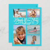 Aqua Blue Happy New Year Vijf Foto Briefkaart (Voorkant / Achterkant)