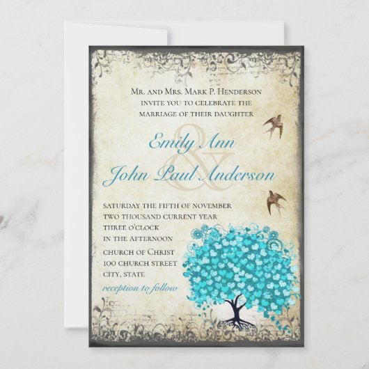 Aqua Blue Heart Leaf Tree  Bird Parchment Kaart (Voorkant)