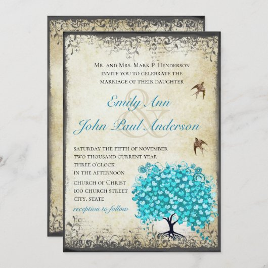 Aqua Blue Heart Leaf Tree  Bird Parchment Kaart (Voorkant / Achterkant)