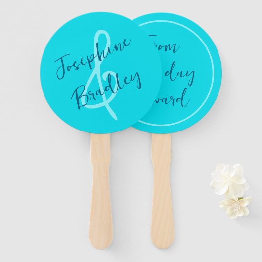 Aqua Blue Heart Shaped Wedding Fans Handwaaier (Voorkant en achterkant)