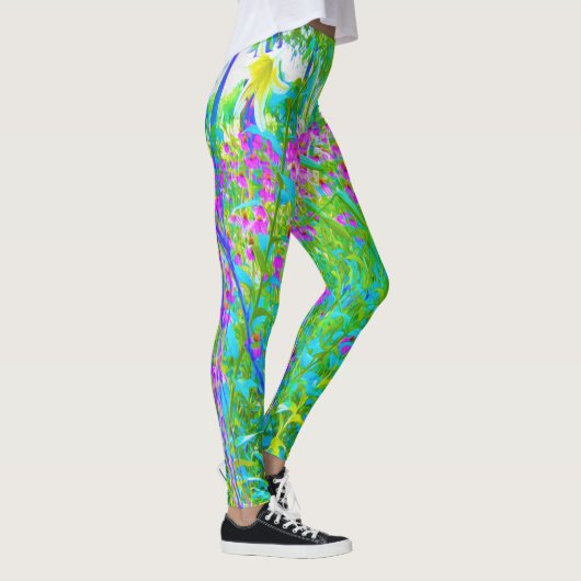 Aqua Blue Impressionistic Garden Landschap Leggings (Rechts)