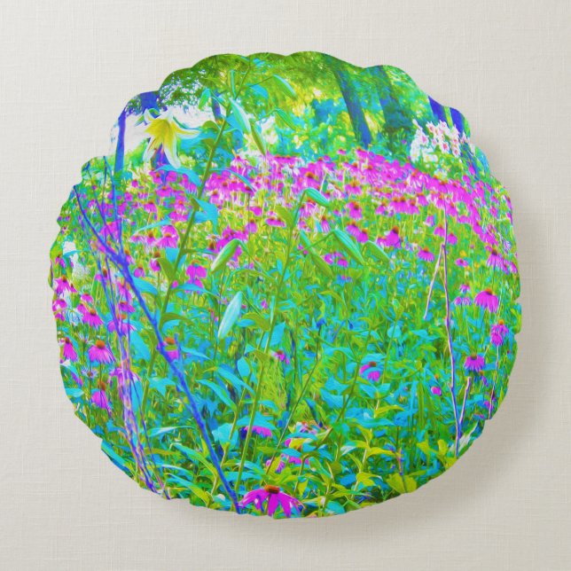 Aqua Blue Impressionistic Garden Landschap Rond Kussen (Voorkant)