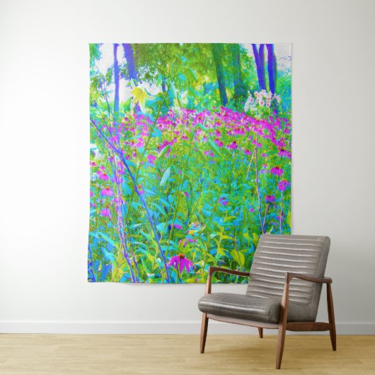 Aqua Blue Impressionistic Garden Landschap Wandkleed (In situ)