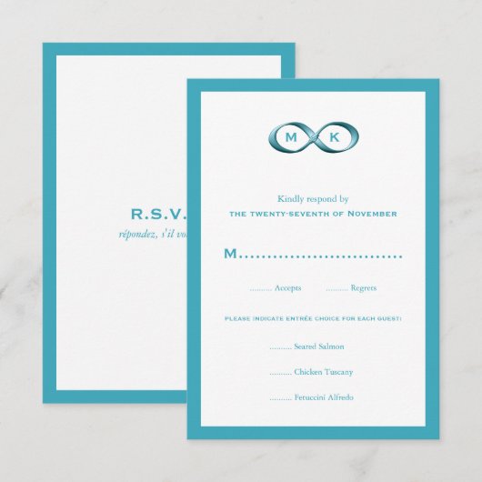 Aqua Blue Infinity Hand Clasp Wedding RSVP-kaart RSVP Kaartje (Voorkant / Achterkant)