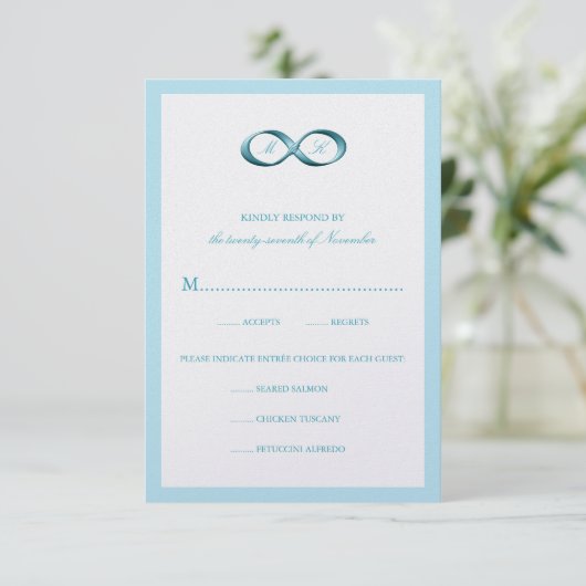 Aqua Blue Infinity Hand Clasp Wedding RSVP-kaart RSVP Kaartje (Staand voorkant)