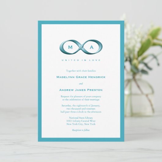Aqua Blue Infinity Hand gesp bruiloft uitnodigen Kaart (Staand voorkant)