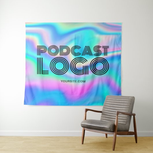Aqua Blue Iridescent Rainbow Modern Podcast Logo Wandkleed (In Situ (horizontaal))
