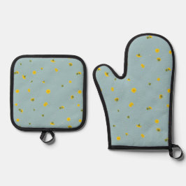Aqua Blue Japanese Dandelion Floral Pattern Ovenwant & Pannenlap Set