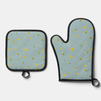 Aqua Blue Japanese Dandelion Floral Pattern Ovenwant & Pannenlap Set