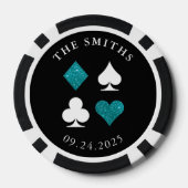 Aqua Blue Kaart Suits trouwdatum en naamgunst Poker Chips (Achterkant)