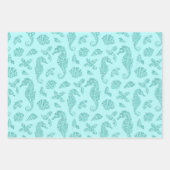 Aqua Blue Kerstmis Kustkust Glitter Seapaarden Inpakpapier Vel (Voorkant)