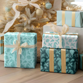 Aqua Blue Kerstmis Kustkust Glitter Seapaarden Inpakpapier Vel