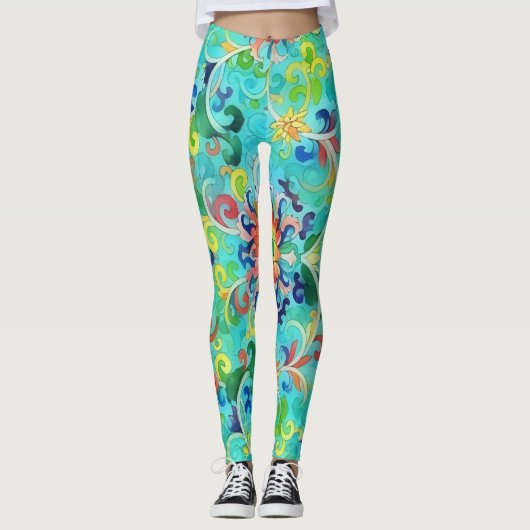 Aqua Blue Kleurrijke Bloemen  Stijl Kunst Leggings (Voorkant)