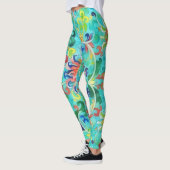 Aqua Blue Kleurrijke Bloemen  Stijl Kunst Leggings (Links)