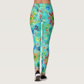 Aqua Blue Kleurrijke Bloemen  Stijl Kunst Leggings (Achterkant)