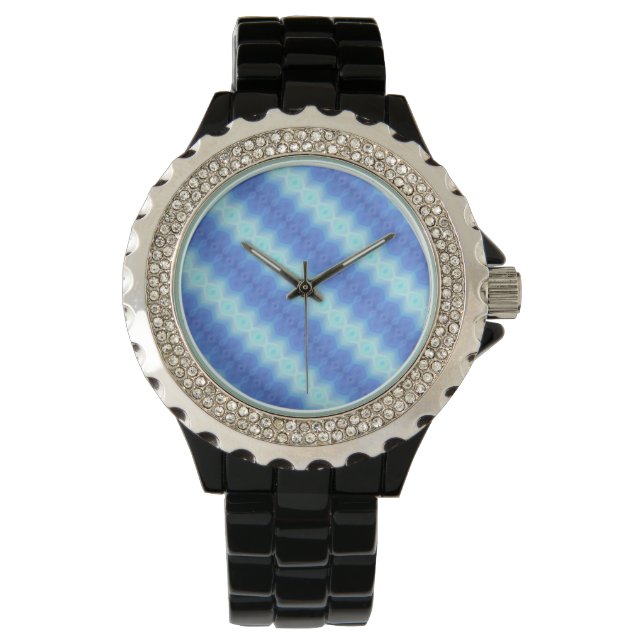 Aqua Blue Knit Crochet Stripe Textern Pattern Horloge (Voorkant)