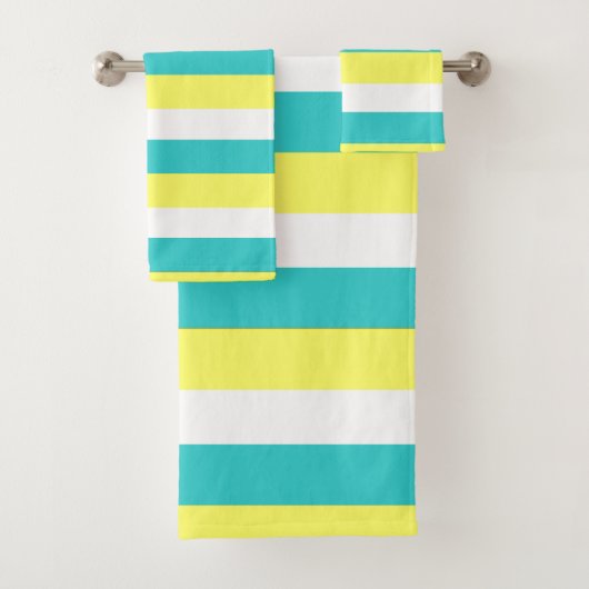 Aqua Blue, Lemon Yellow en White Stripes Bad Handdoek (Insitu)