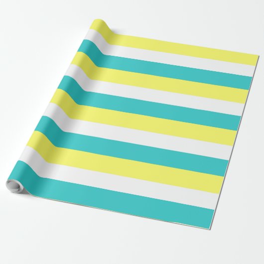 Aqua Blue, Lemon Yellow en White Stripes Cadeaupapier (Uitgerold)