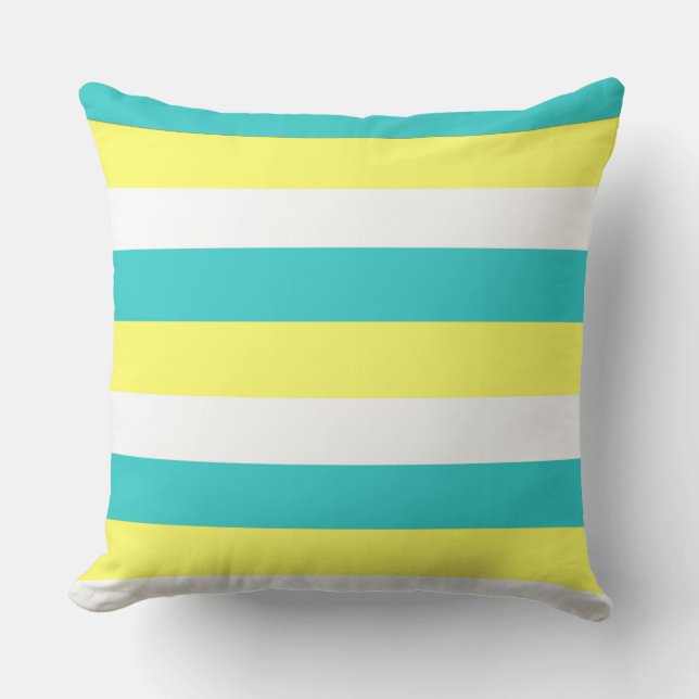 Aqua Blue, Lemon Yellow en White Stripes Kussen (Voorkant)