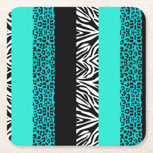 Aqua Blue Leopard en Zebra Animal Print Kartonnen Onderzetters